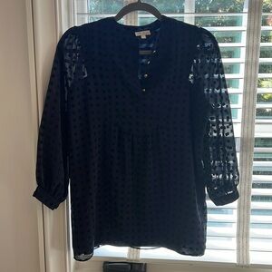 Shoshanna navy and square print peplum blouse with sheer sleeve detail